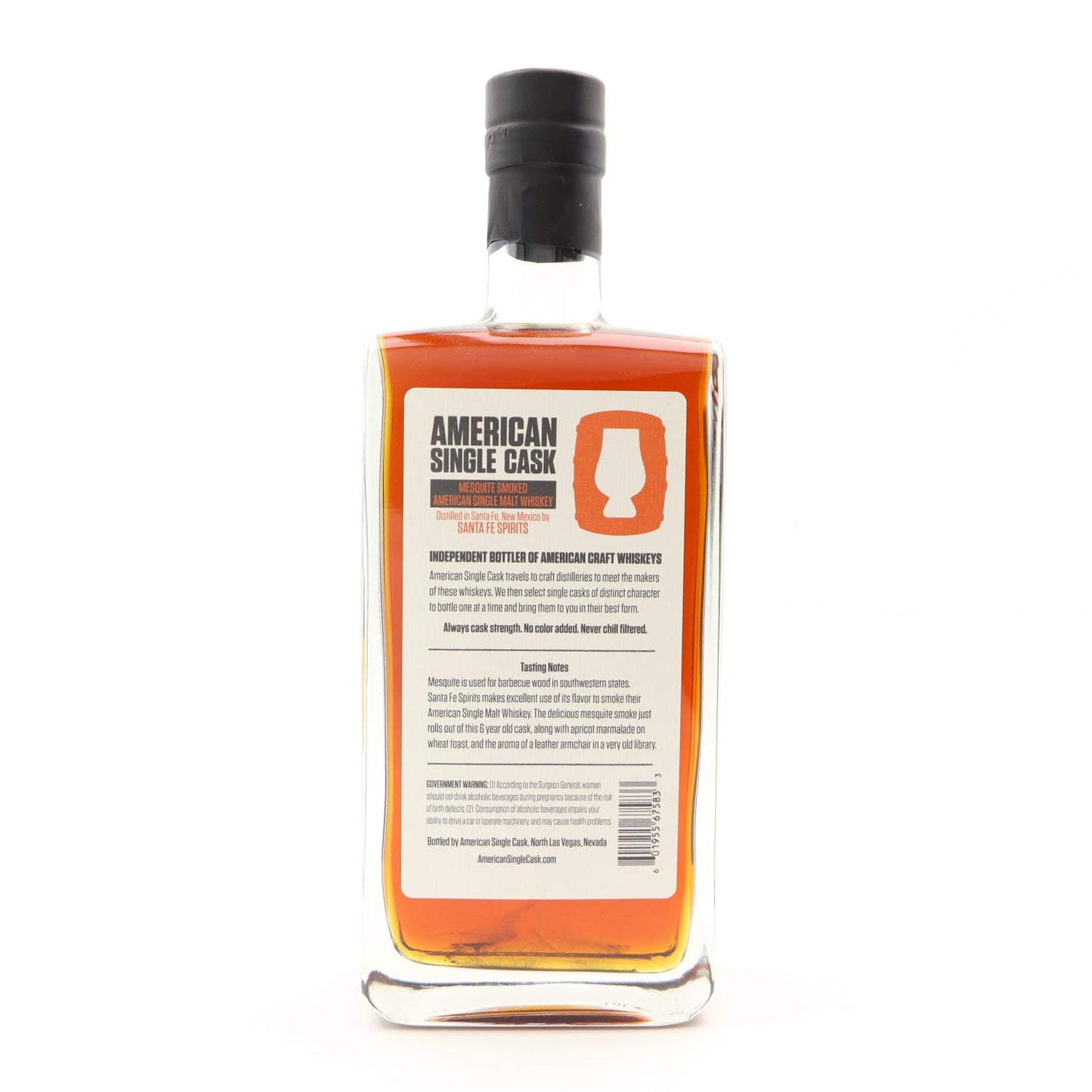 Bottle of American Single Cask whiskey with label on a white background