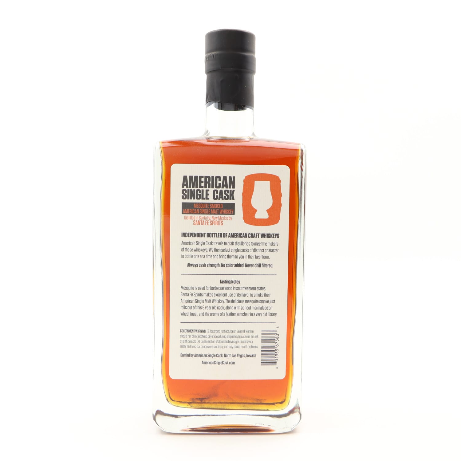 Bottle of American Single Cask whiskey with label on a white background