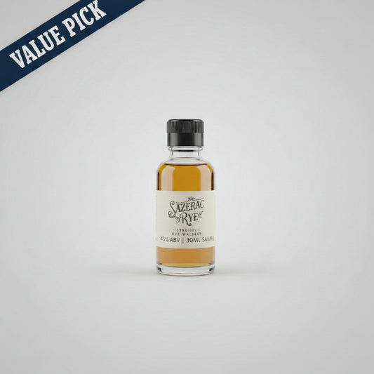 Bottle of Sazerac Rye whiskey on a white background.