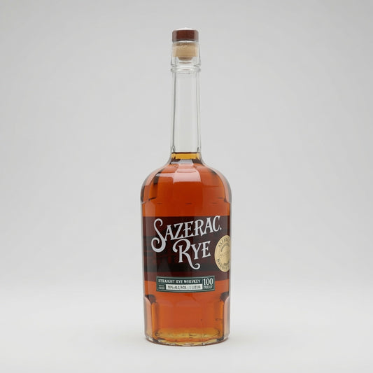 A bottle of Sazerac Rye 100 Proof Straight Bourbon Whiskey on a light gray background.