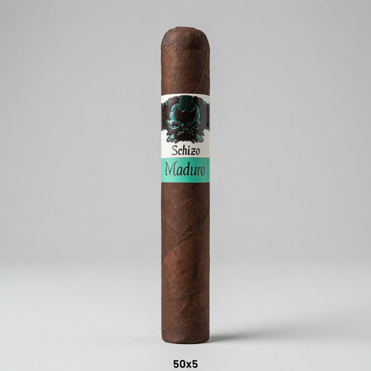 A single dark brown cigar standing upright on a light gray background, with a paper band labeled 'Schizo Maduro' around the middle. Small text below reads '50x5'.