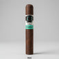 A single dark brown cigar standing upright on a light gray background, with a paper band labeled 'Schizo Maduro' around the middle. Small text below reads '50x5'.