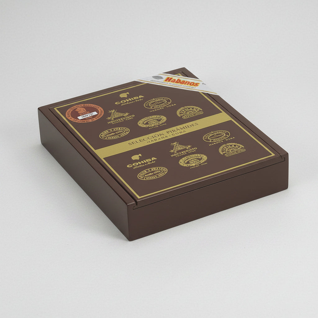 A dark brown rectangular gift box for Habanos cigars, featuring gold foil details, logos of various cigar brands, and a silver Habanos label on the top, set against a plain white background.