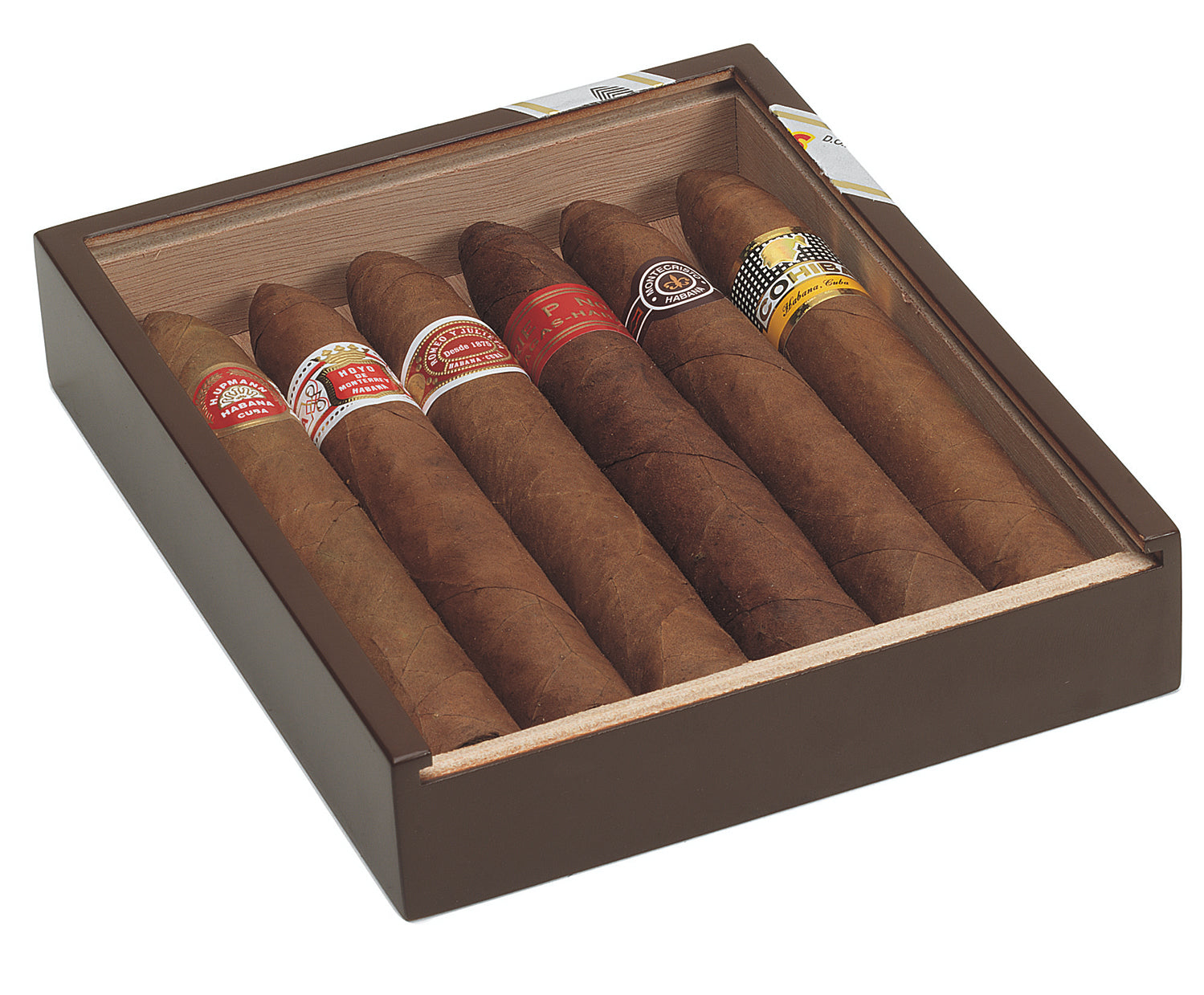 An open dark brown wooden cigar box containing six cigars with various colored bands, photographed on a clean white background.
