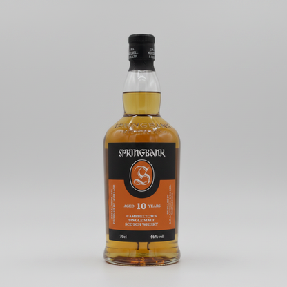 Springbank 10-year-old single malt Scotch whisky bottle on a white background