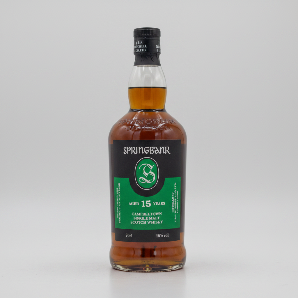 Springbank 15-year-old single malt Scotch whisky bottle on a white background