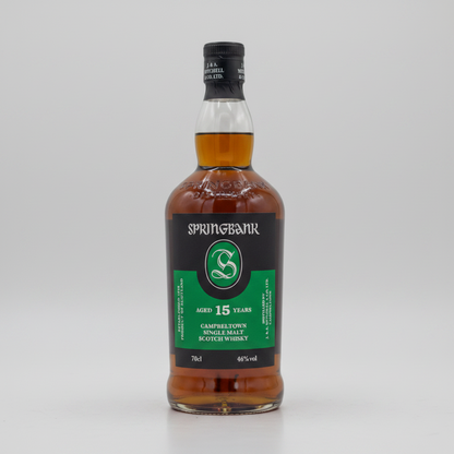 Springbank 15-year-old single malt Scotch whisky bottle on a white background