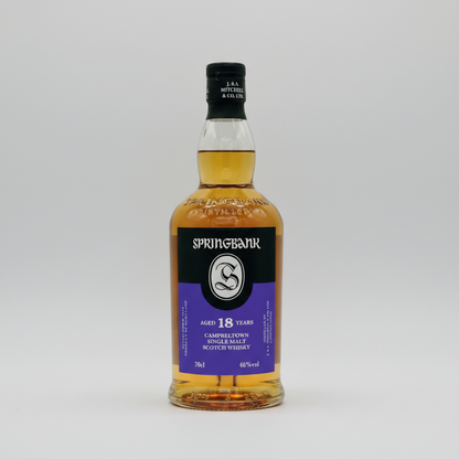 Springbank 18-year-old single malt Scotch whisky bottle on a white background