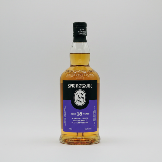 Springbank 18-year-old single malt Scotch whisky bottle on a white background