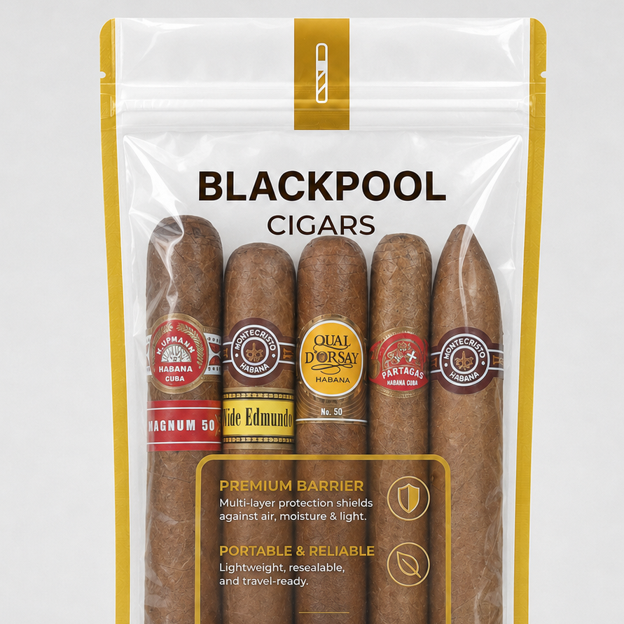 A pack of Blackpool Cigars in a clear resealable humidifier bag with yellow trim and five visible cigars inside, photographed on a light gray background.