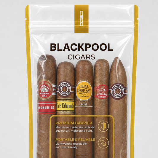 A pack of Blackpool Cigars in a clear resealable humidifier bag with yellow trim and five visible cigars inside, photographed on a light gray background.