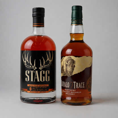 Bottle of Stagg Jr triaght bourbon batch 24c with a bottle of buffalo trace sazerac barrel pick 003 blackpool bourbon bar on a white back ground ground side by side