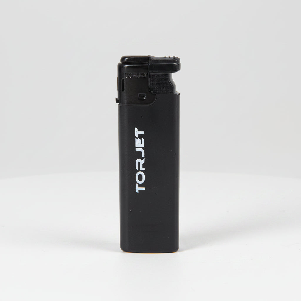 A black TorJet portable torch lighter with a textured grip and white vertical branding, shown against a plain white background.