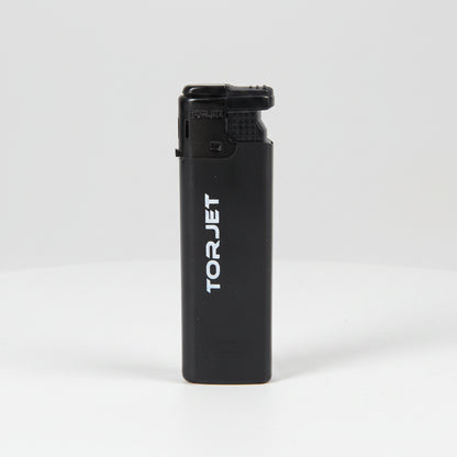 A black TorJet portable torch lighter with a textured grip and white vertical branding, shown against a plain white background.