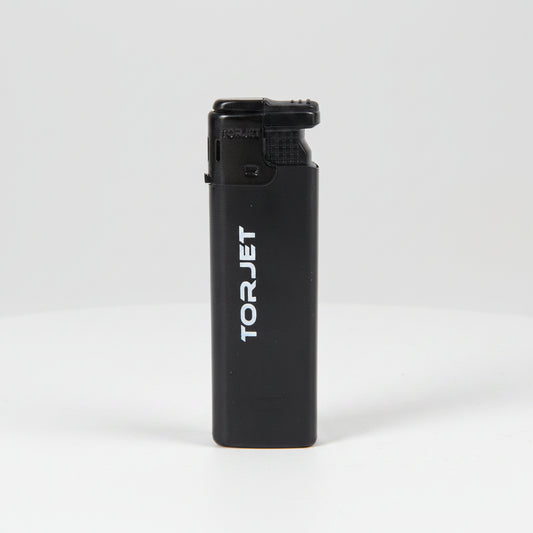 A black TorJet portable torch lighter with a textured grip and white vertical branding, shown against a plain white background.