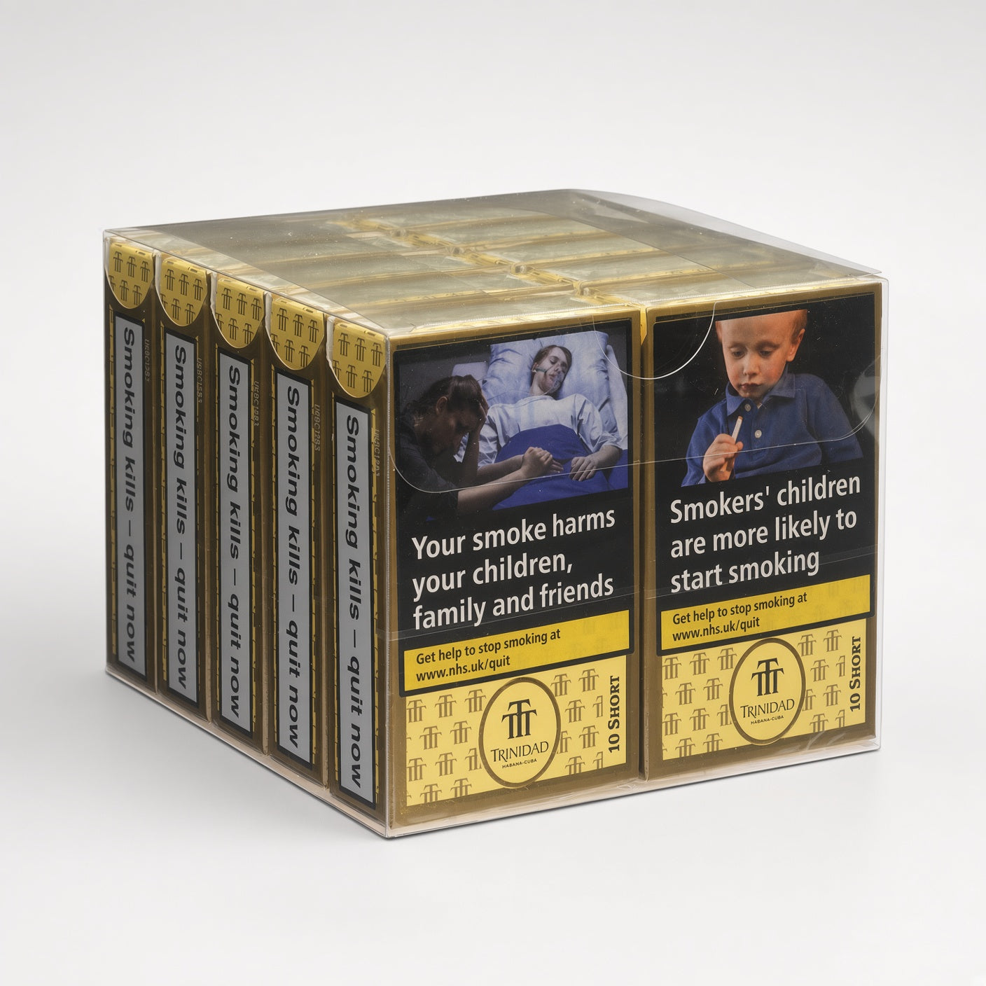 A clear plastic box containing multiple packs of Trobino anti-smoking gum, arranged in a 3D stack on a light gray background. The packs feature a black and gold design with a prominent warning label showing a mother and child.
