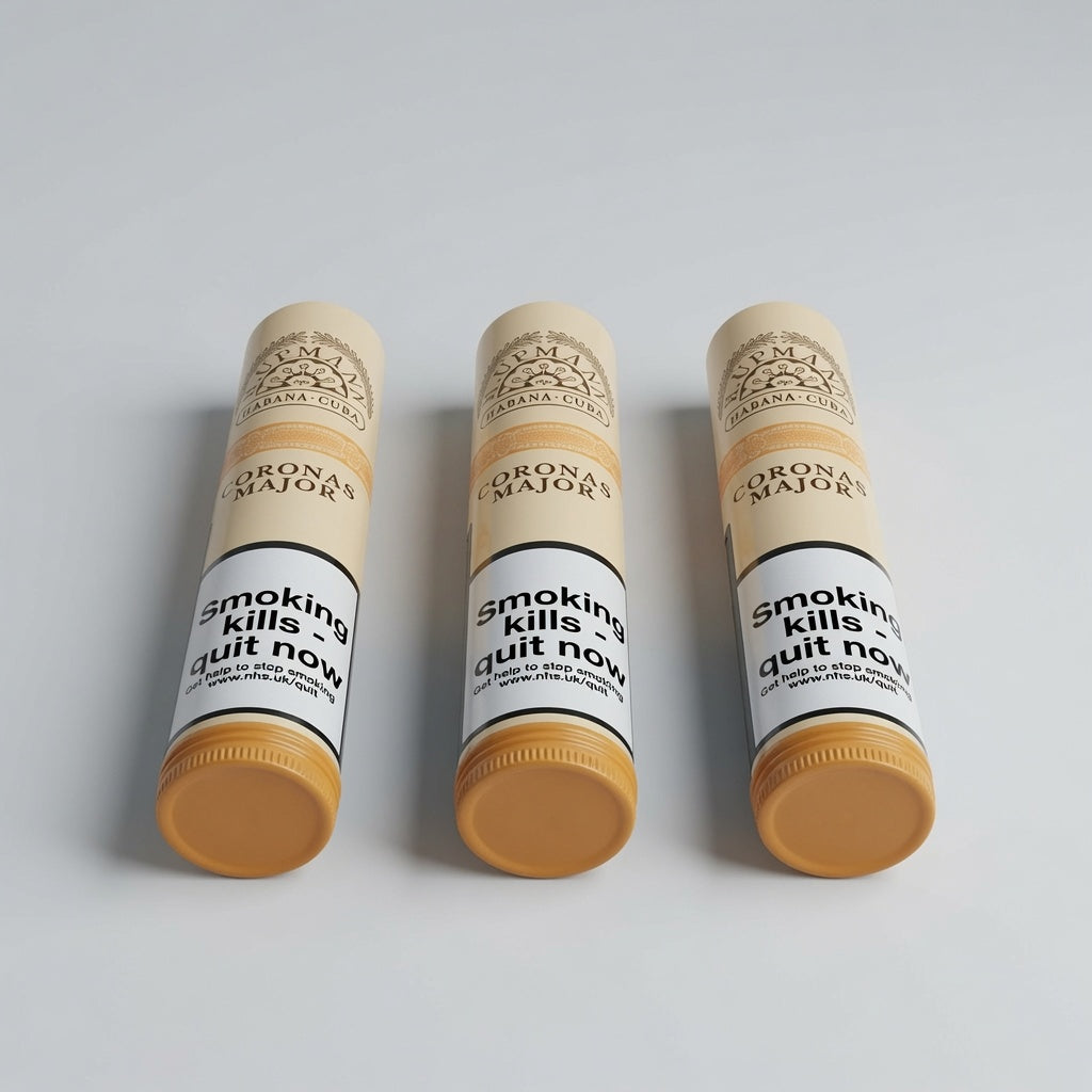 Three Corona Majors cigar tubes arranged in a row on a light gray background. Each tube has a beige cap and base, a white label with black text reading 'Smoking kills quit now', and a yellow-orange balm visible at the bottom.