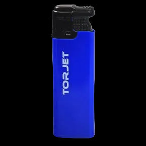 Blue lighter with 'TORJET' branding on a white background