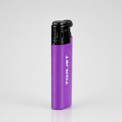 A purple Torjet lighter with a black top cap, standing upright on a light gray reflective surface.