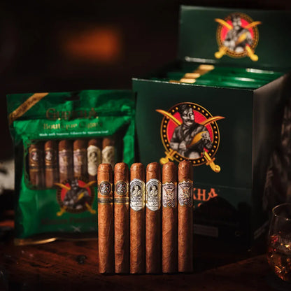 Packaged cigars with a prominent brand logo on a dark background