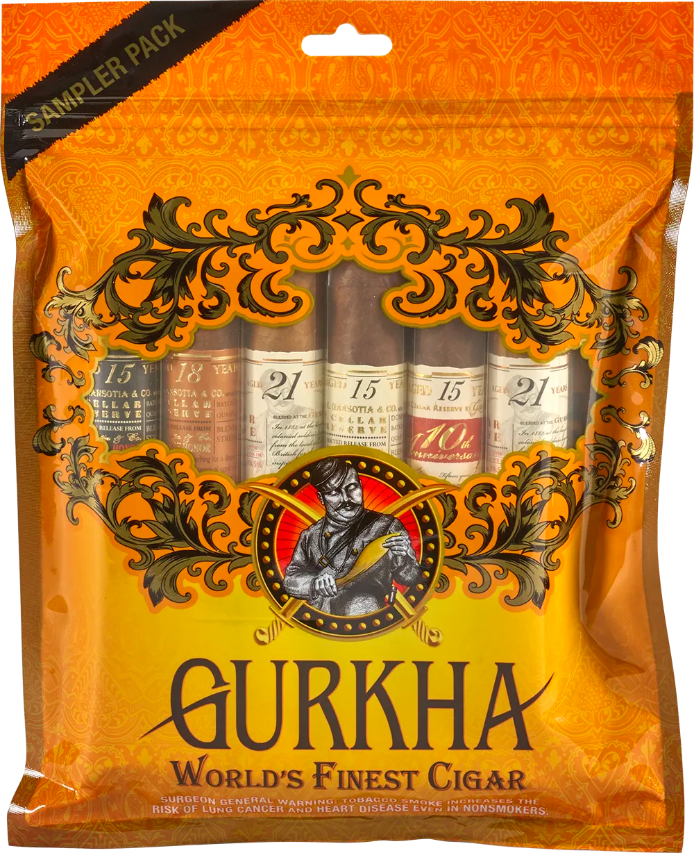 Gurkha cigar sampler pack with decorative design and branding.