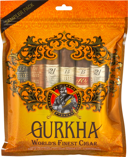 Gurkha cigar sampler pack with decorative design and branding.
