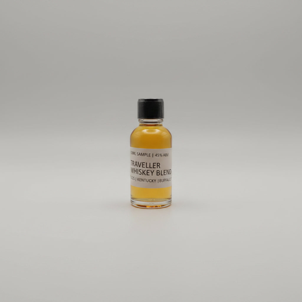 Small bottle of Traveller Whiskey Blend on a light gray background