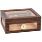 Wooden humidor with glass top and humidity gauge on a white background