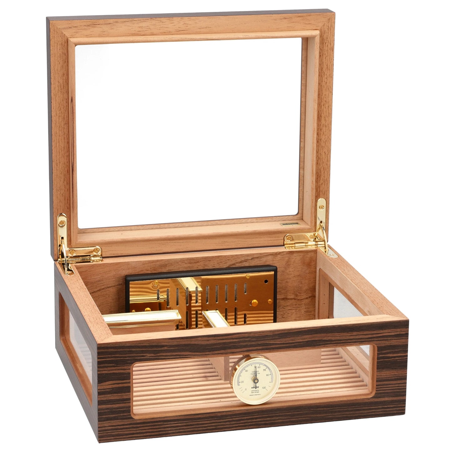 Wooden humidor with glass top on a white background