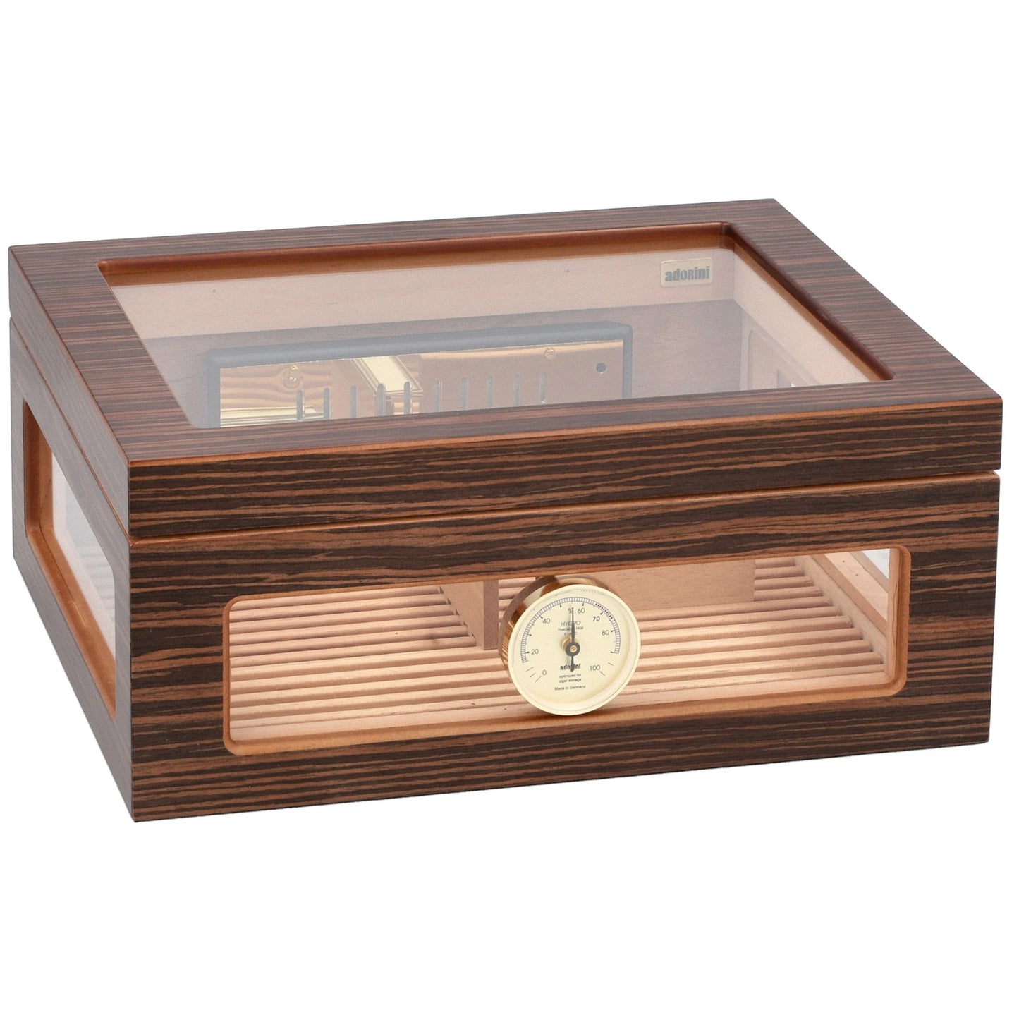 Wooden humidor with glass top and brass humidity gauge on a white background