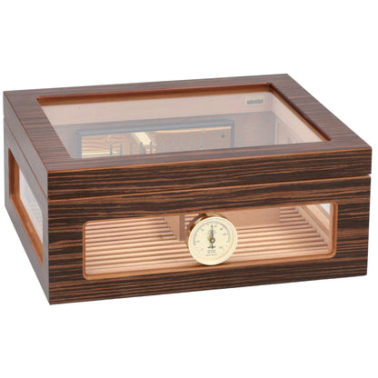 Wooden humidor with glass top and brass humidity gauge on a white background