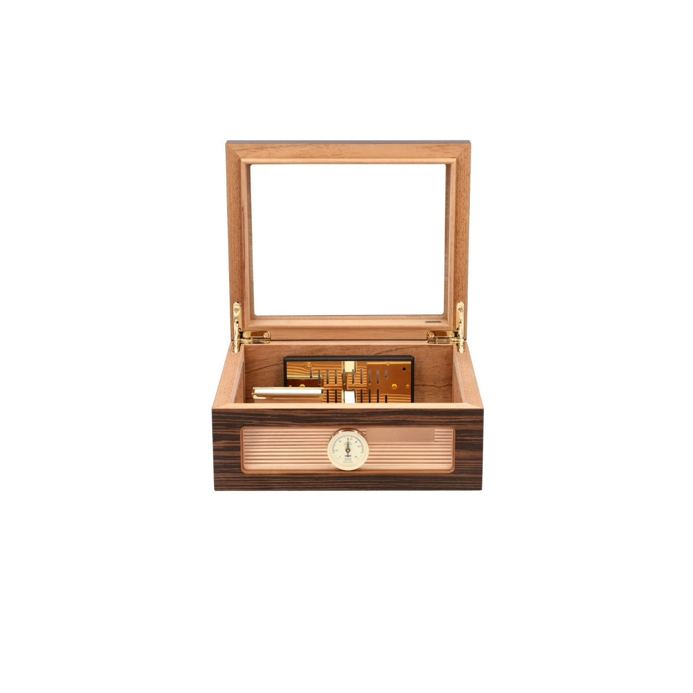Wooden and glass humidor open on white background
