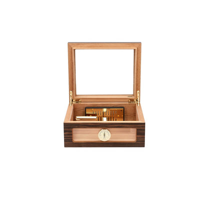 Wooden and glass humidor open on white background