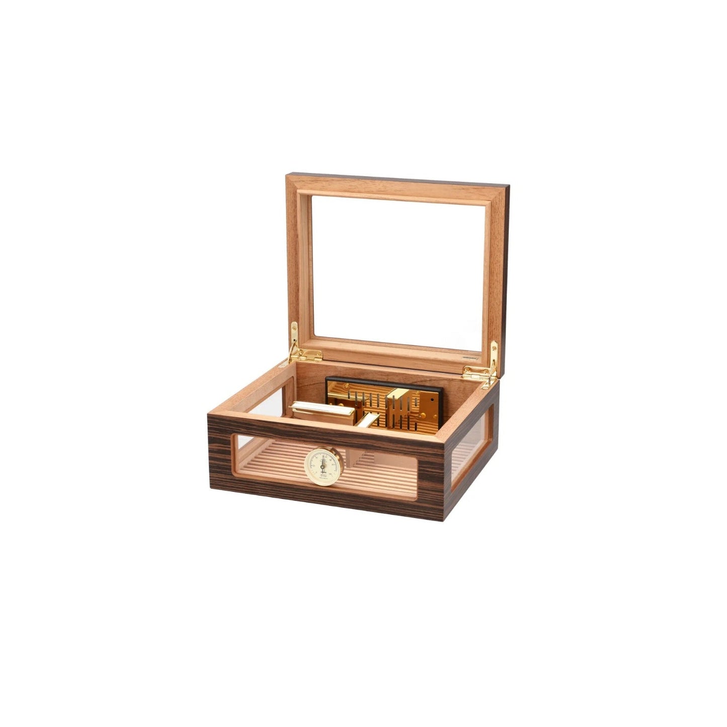 Wooden humidor with glass lid on a white background