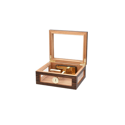 Wooden humidor with glass lid on a white background