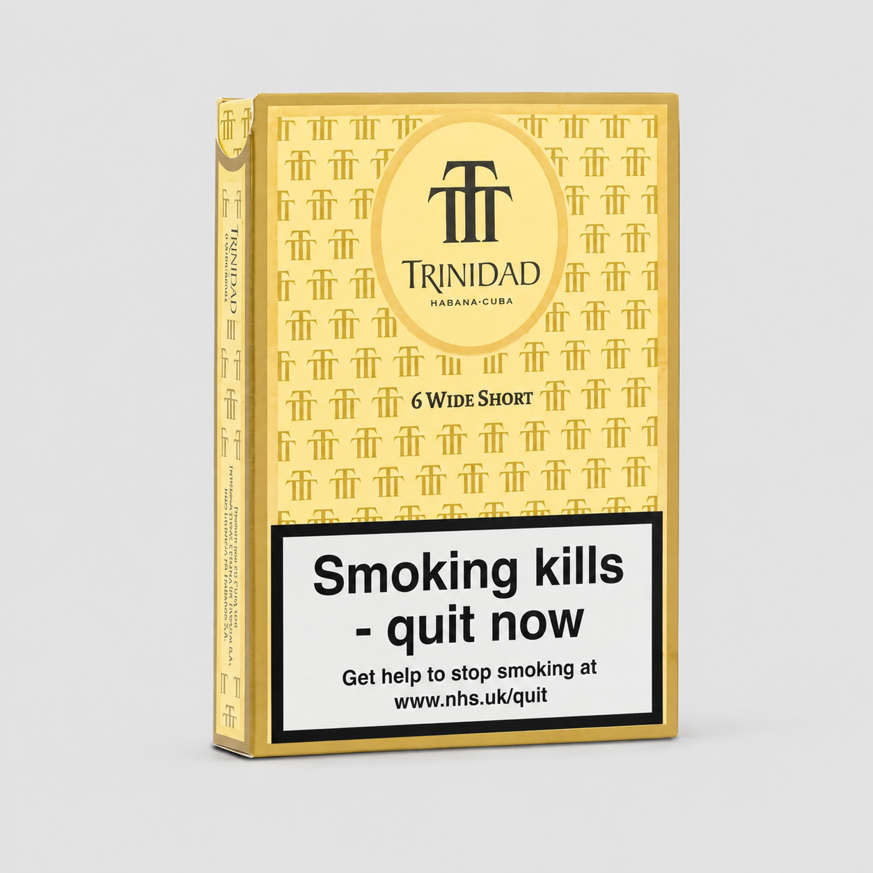A pack of Trinidad Habanero wide shorts shown at a three-quarter angle on a light gray background. The packaging is primarily gold with a repeating pattern of the Trinidad logo, featuring a large circular gold emblem with the brand name 'TRINIDAD HABANERO CUBES' and a prominent black warning label at the bottom that reads 'Smoking kills - quit now'.
