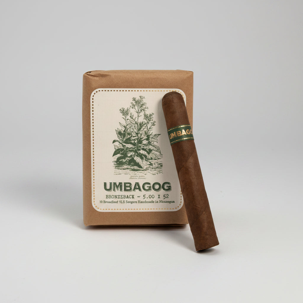 Cigar with 'Umbagog' branding and packaging on a white background