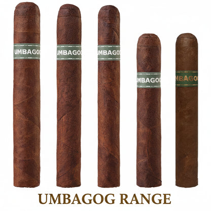 Five cigars with 'Umbagog' branding on a white background
