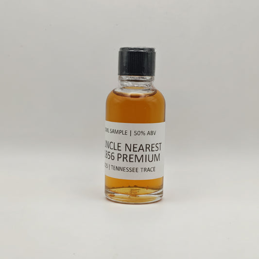 Small bottle of Uncle Nearest 1856 Premium bourbon on a white background