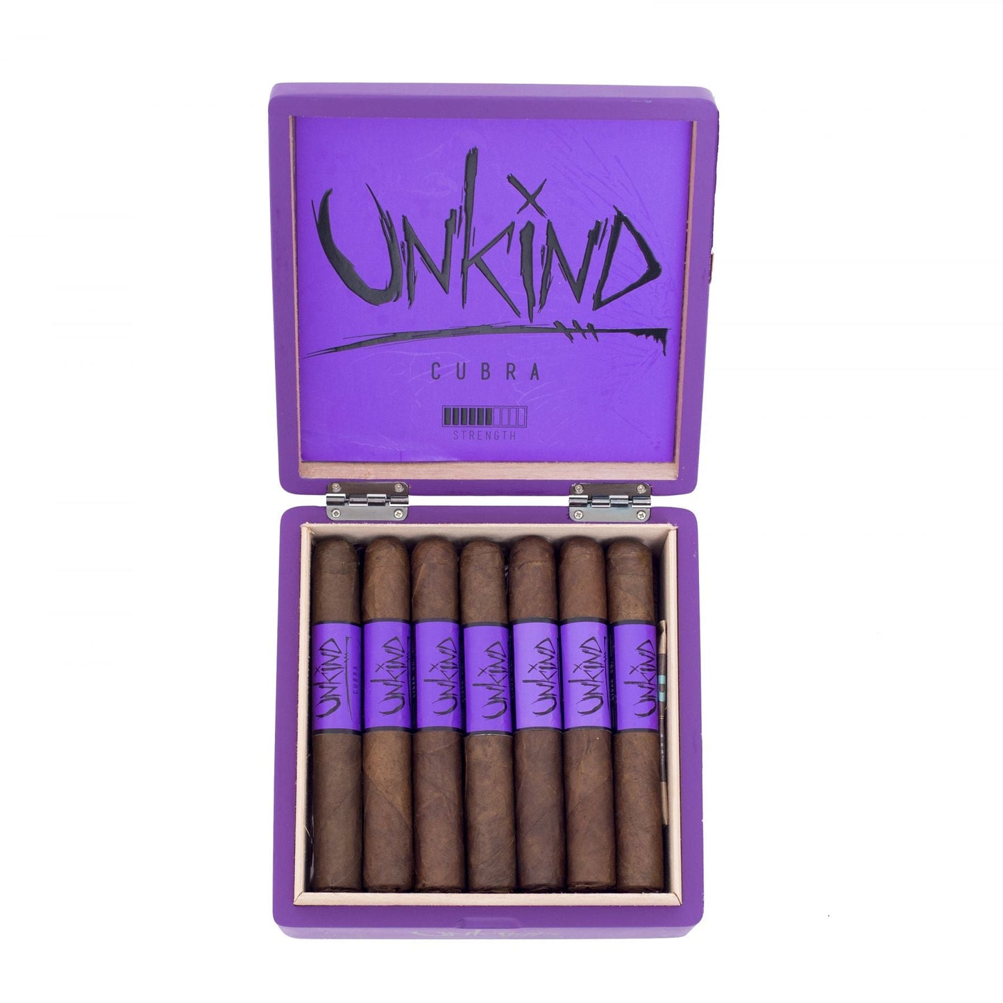 Open purple box of Unkind cigars on a white background