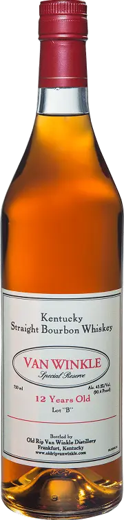 Van Winkle 12 Year Old Kentucky Straight Bourbon Whiskey bottle with red cap.