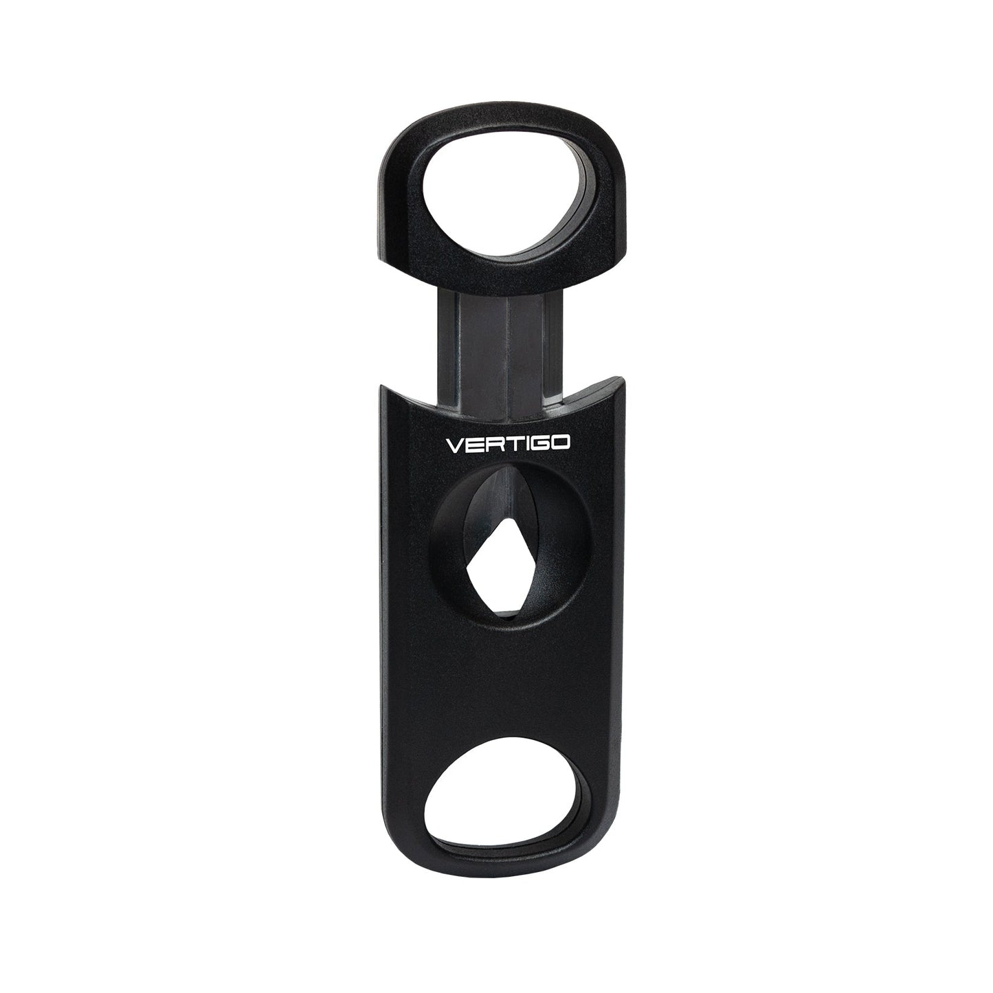 A black Verteco cigar cutter with a matte finish and white brand lettering, shown vertically on a plain white background.