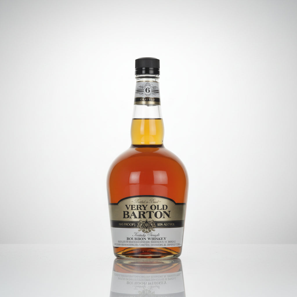 A bottle of Very Old Barton Bourbon Whiskey on a plain white background, showing the amber liquid inside a clear glass bottle with a black cap and a gold and white label.