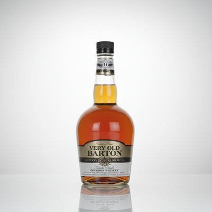 A bottle of Very Old Barton Bourbon Whiskey on a plain white background, showing the amber liquid inside a clear glass bottle with a black cap and a gold and white label.