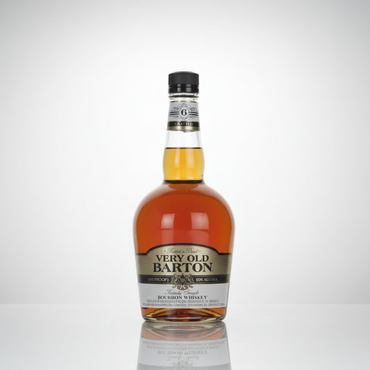 A bottle of Very Old Barton Bourbon Whiskey on a plain white background, showing the amber liquid inside a clear glass bottle with a black cap and a gold and white label.
