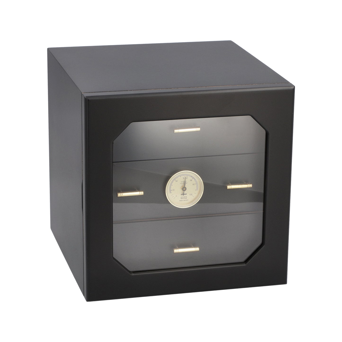 Black humidor with glass front on a white background
