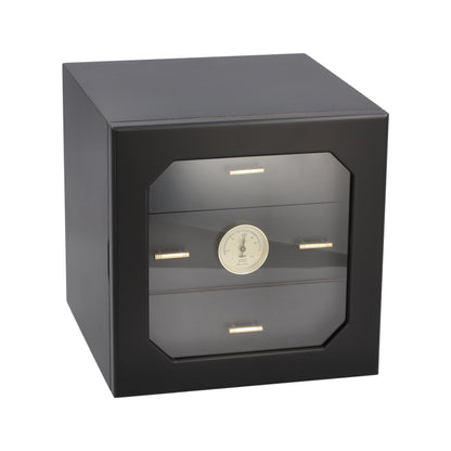 Black humidor with glass front on a white background