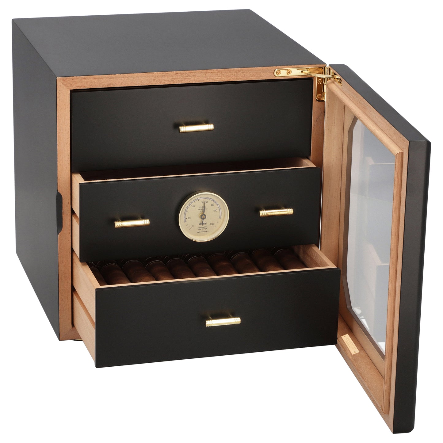 Black and wood humidor with open door showing cigars inside.