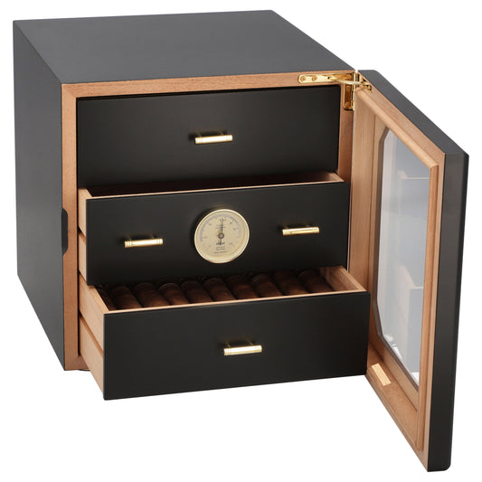 Black and wood humidor with open door showing cigars inside.