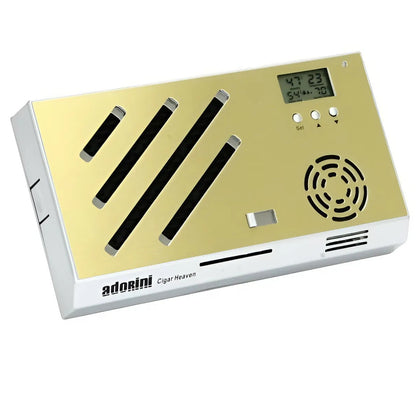 Gold and white electronic device with digital display on a white background